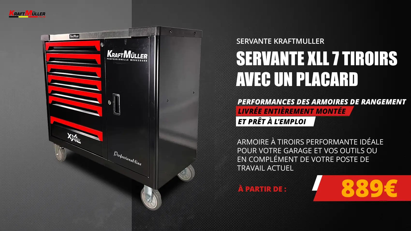 Servante d'atelier Kraft Muller Kingsize noire XXL 7 tiroirs outillés + repousse-pistons